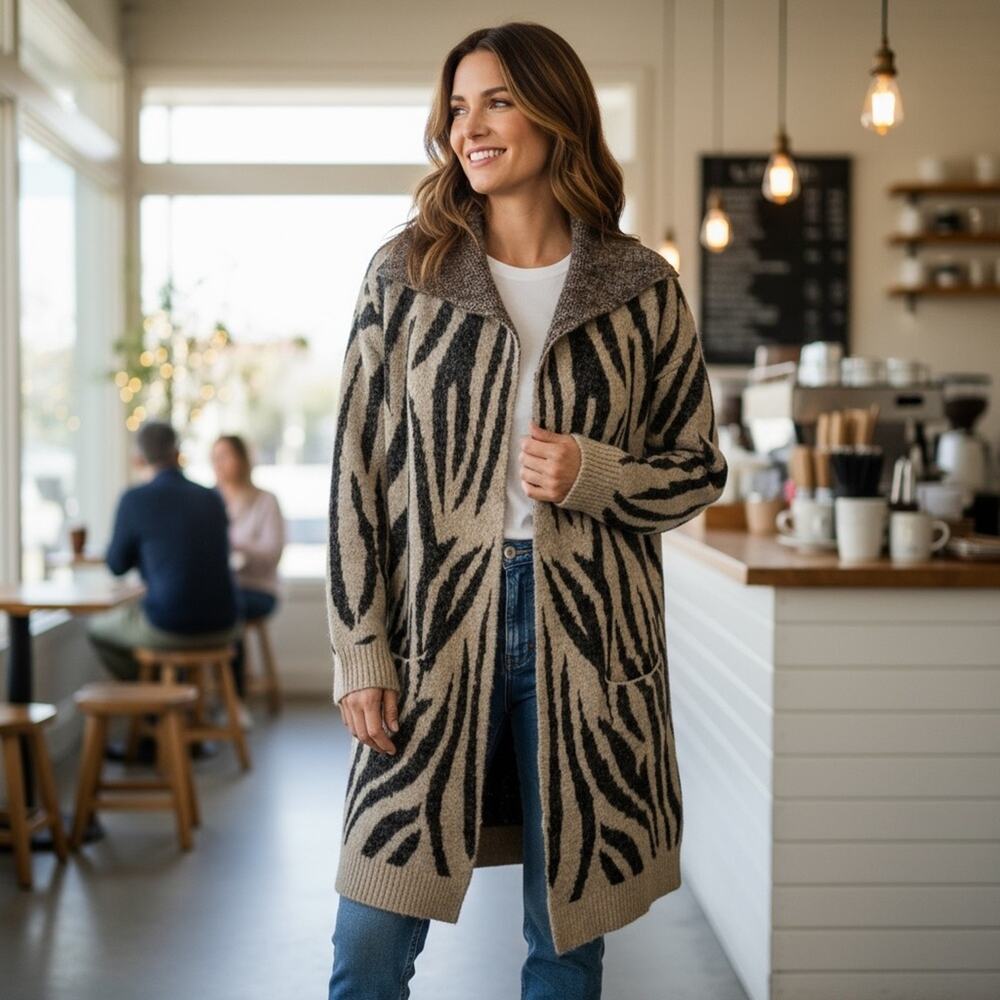 Cyrus Black and Tan Open Front Zebra Print Cardigan Size Large EUC